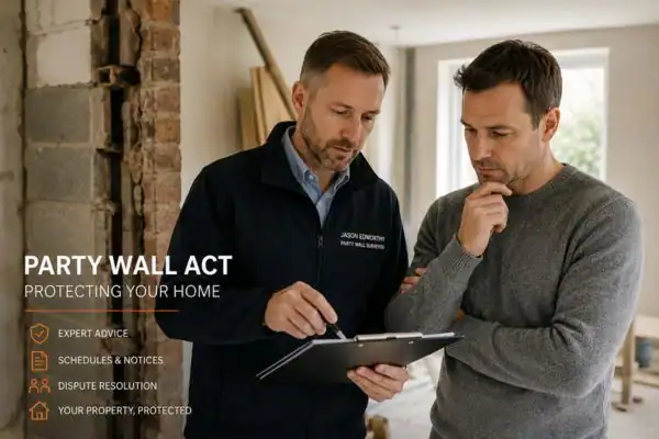 Party wall surveyor Poynton discussing extension plans with homeowner outside a UK semi-detached house.